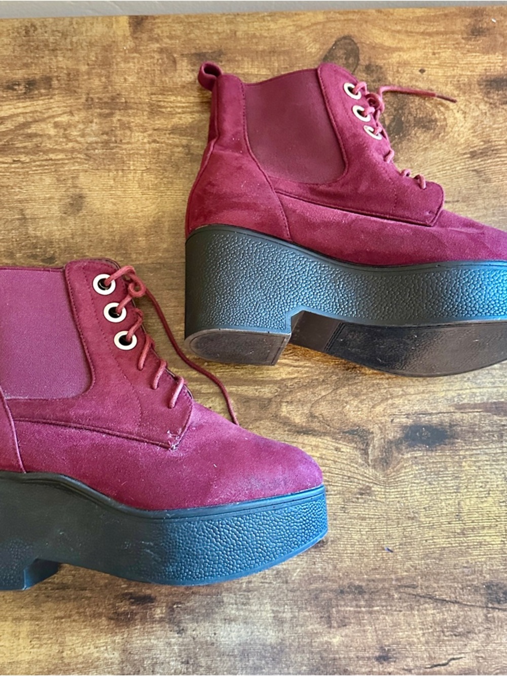 Velvet Burgundy Wedge Platforms light weight velour stretch lace-up up Booties